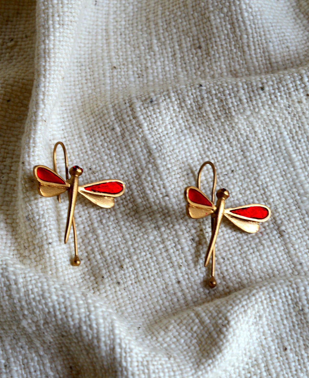 Red enamel Dull Gold Plated Dragonfly Earring