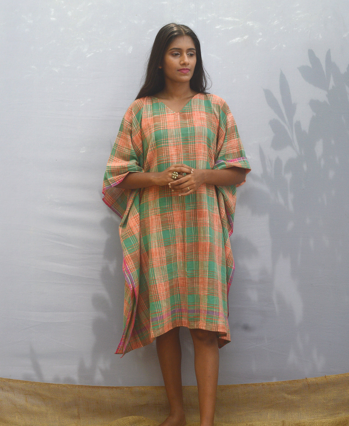 Orange And Green Checked Kaftan Dress
