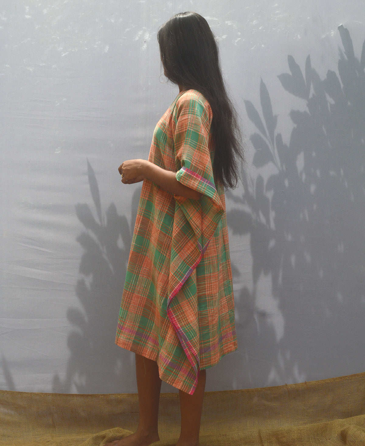 Orange And Green Checked Kaftan Dress
