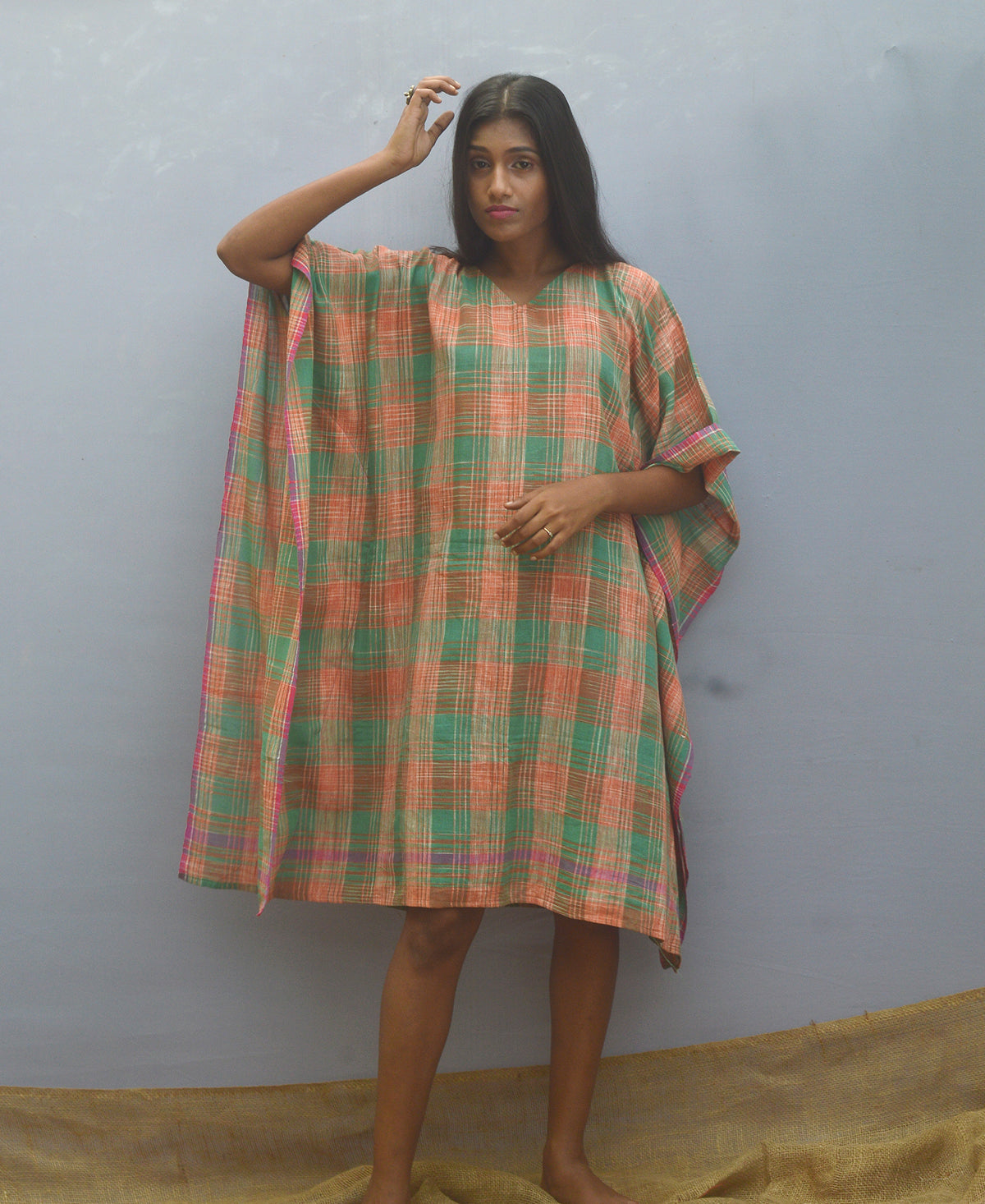 Orange And Green Checked Kaftan Dress