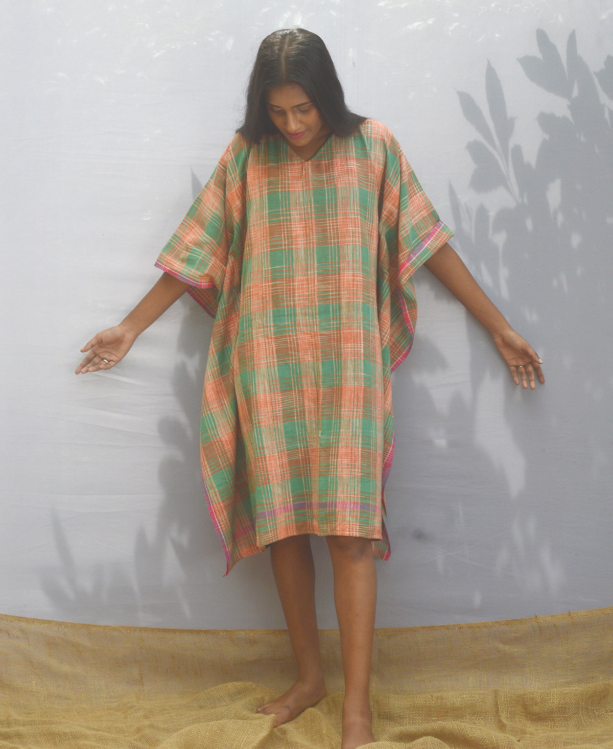 Orange And Green Checked Kaftan Dress