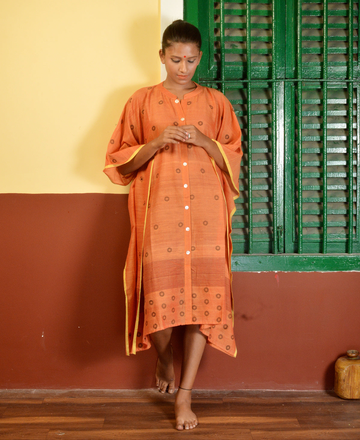 Sandstone Orange Polka Jamdani Kaftan