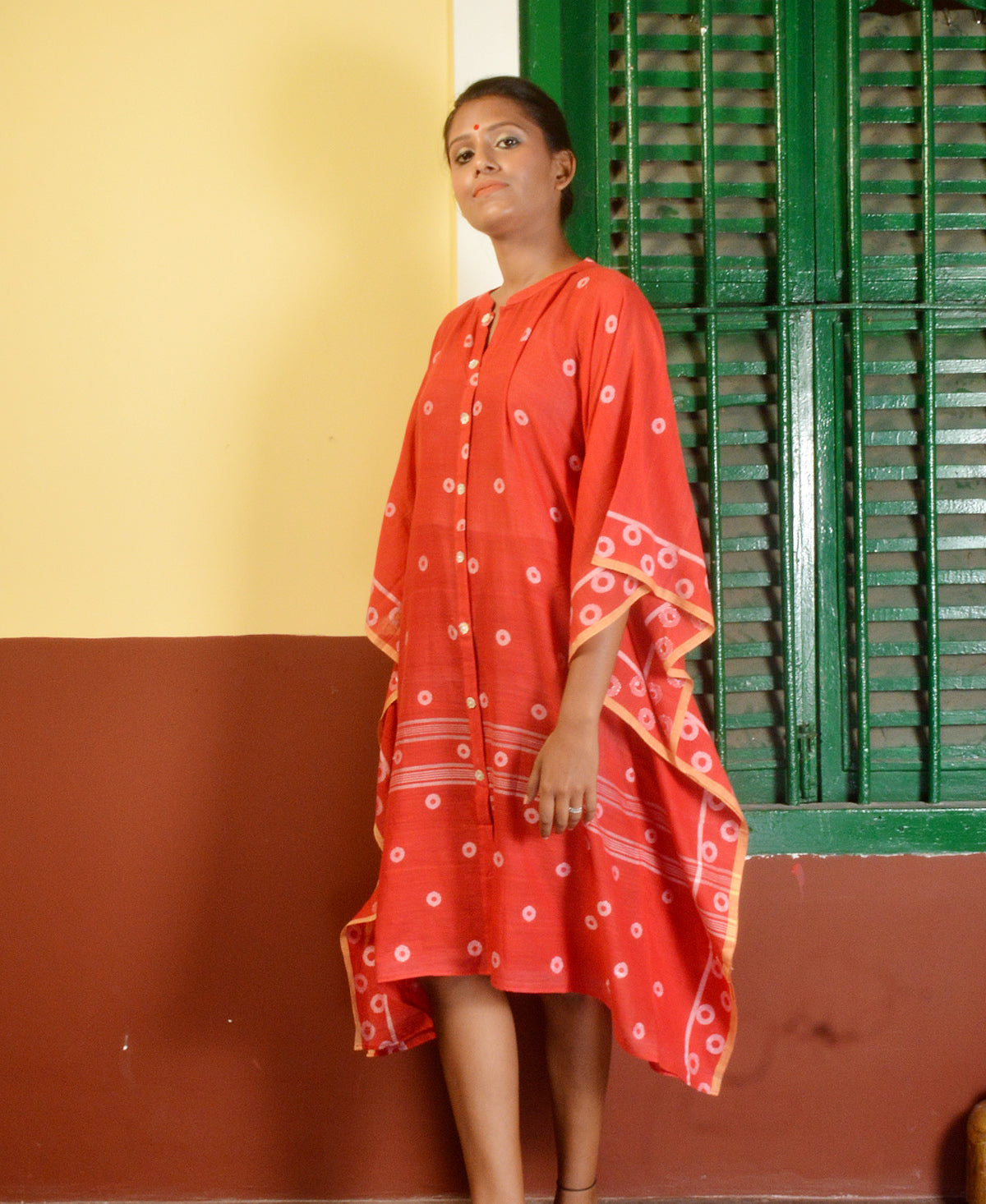 Red Polka Jamdani Kaftan