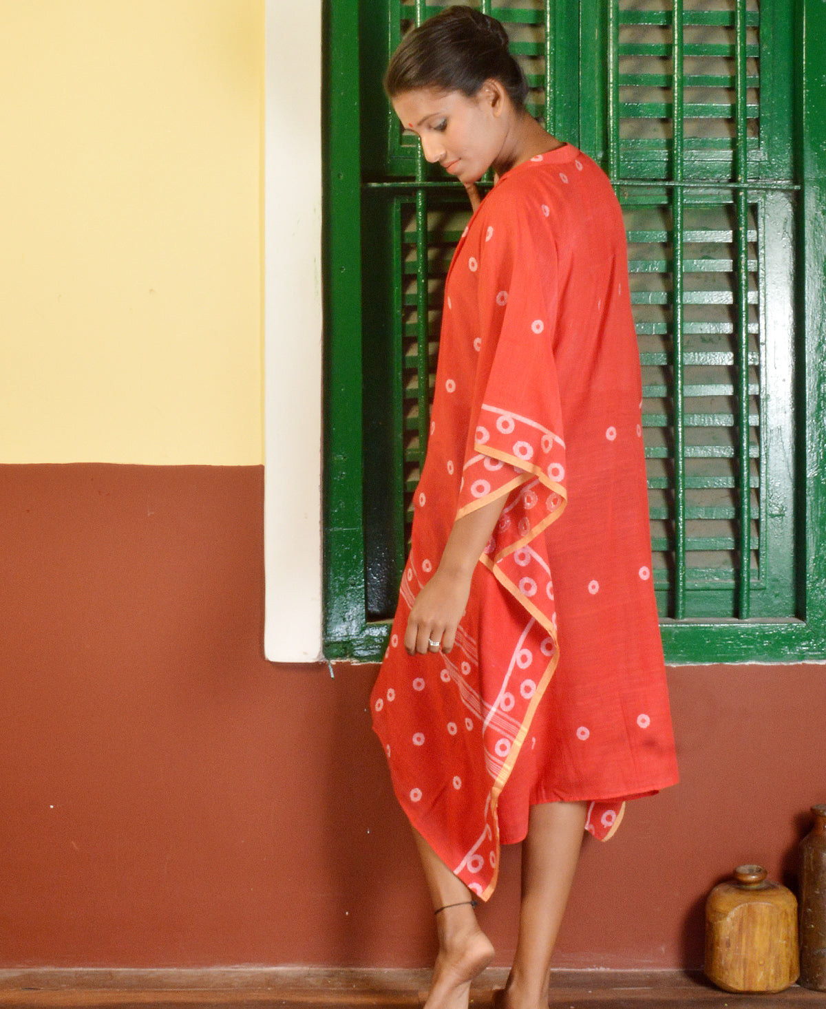 Red Polka Jamdani Kaftan