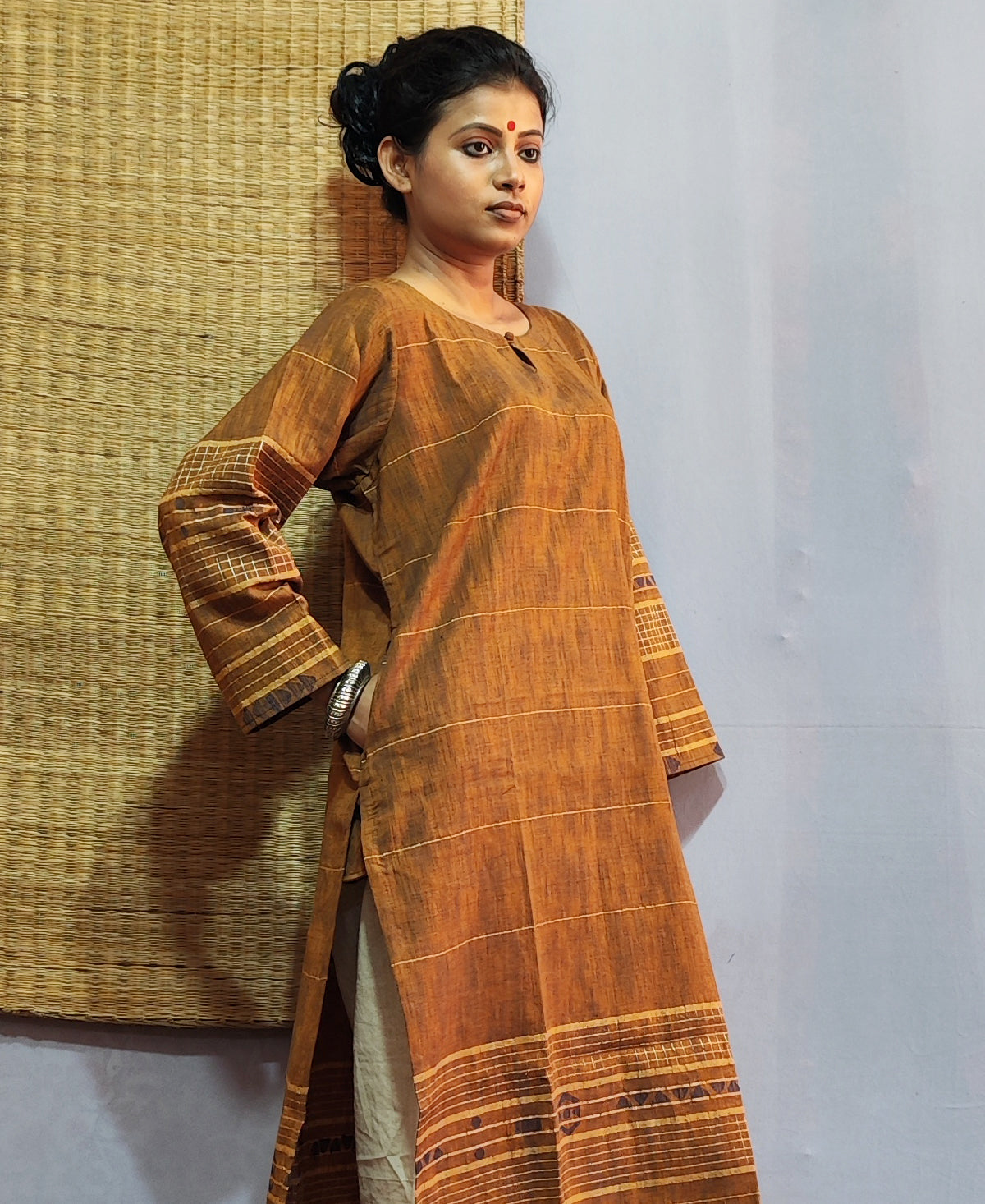 Classic Jamdani Long Kurta In Mustard Yellow