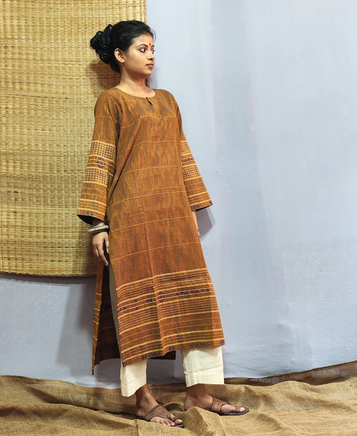 Classic Jamdani Long Kurta In Mustard Yellow