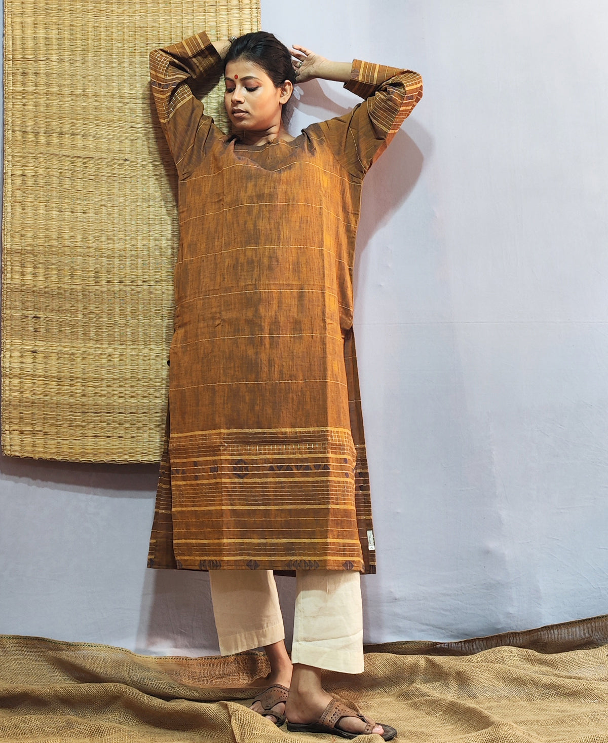Classic Jamdani Long Kurta In Mustard Yellow