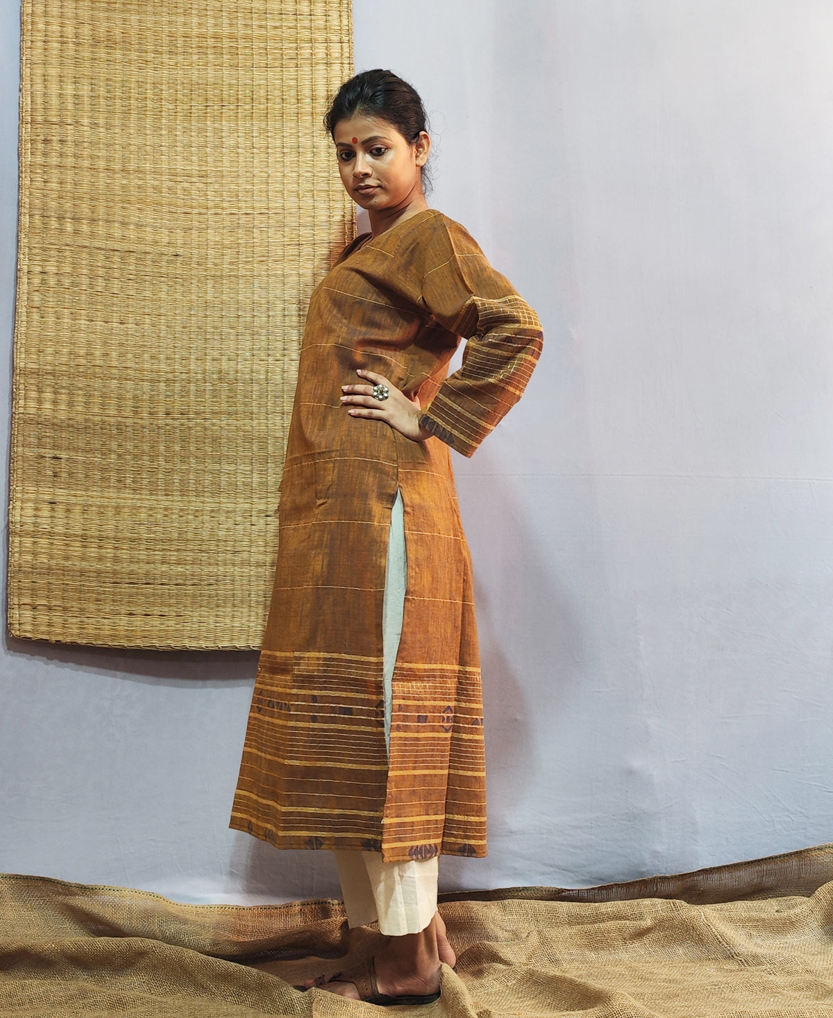 Classic Jamdani Long Kurta In Mustard Yellow