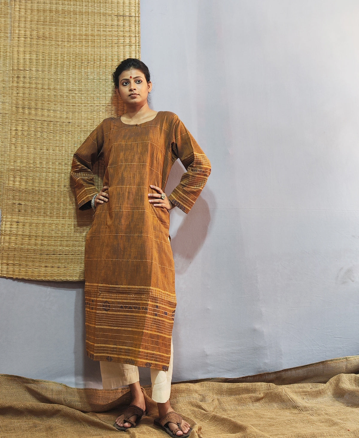Classic Jamdani Long Kurta In Mustard Yellow