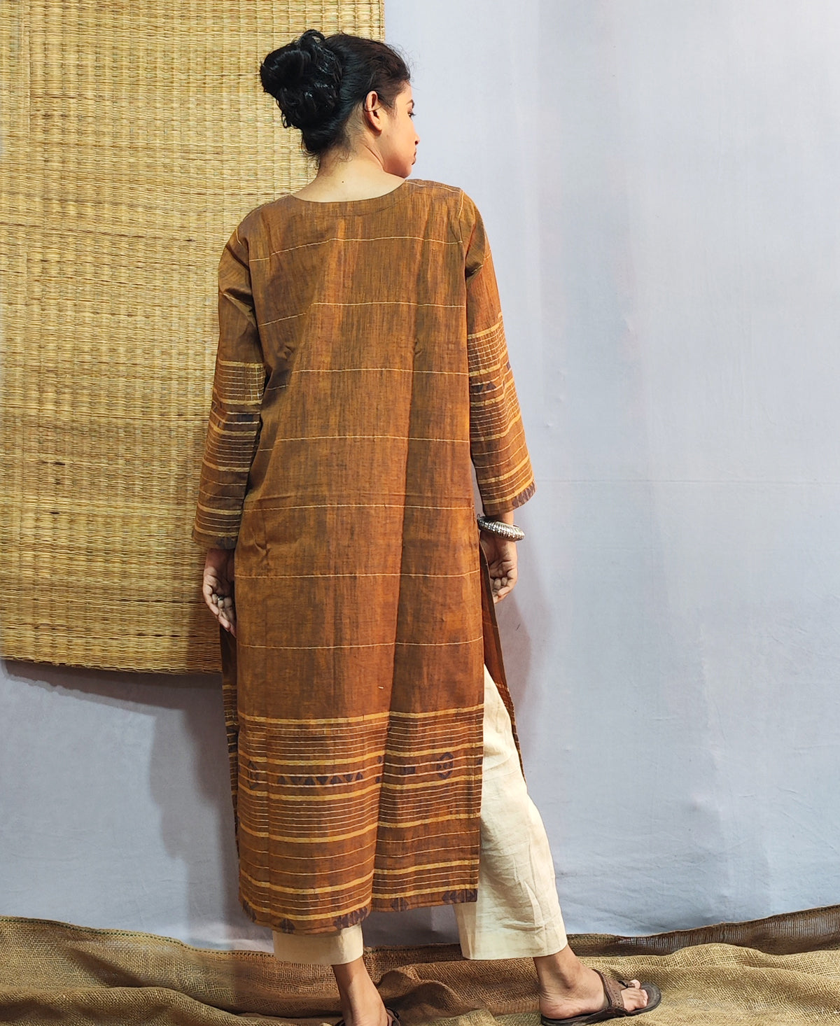 Classic Jamdani Long Kurta In Mustard Yellow