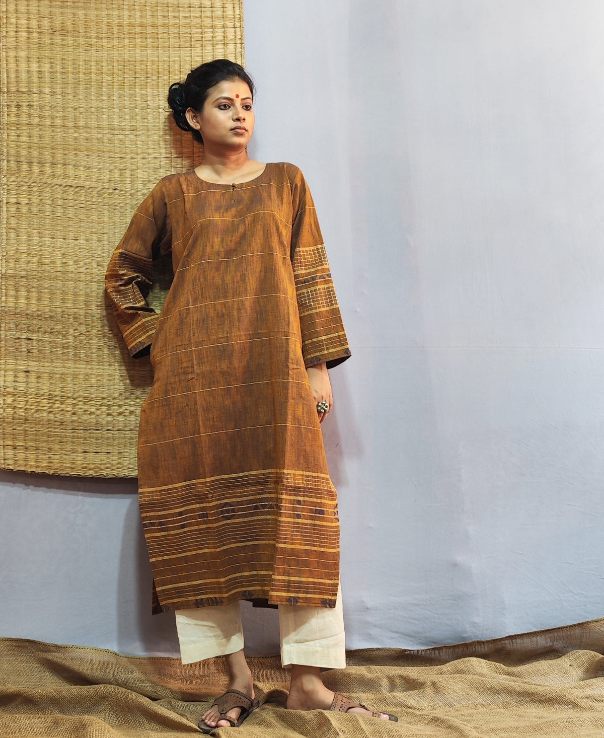 Classic Jamdani Long Kurta In Mustard Yellow
