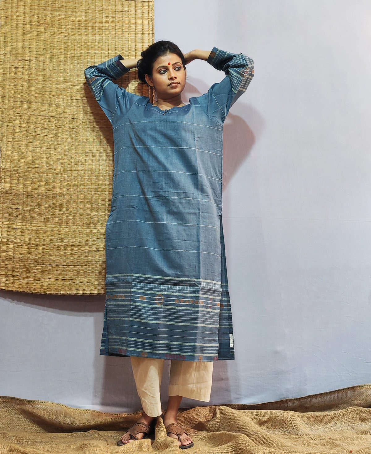 Classic Jamdani Long Kurta In Indigo