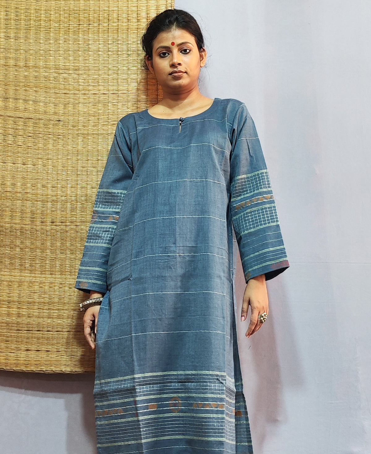 Classic Jamdani Long Kurta In Indigo