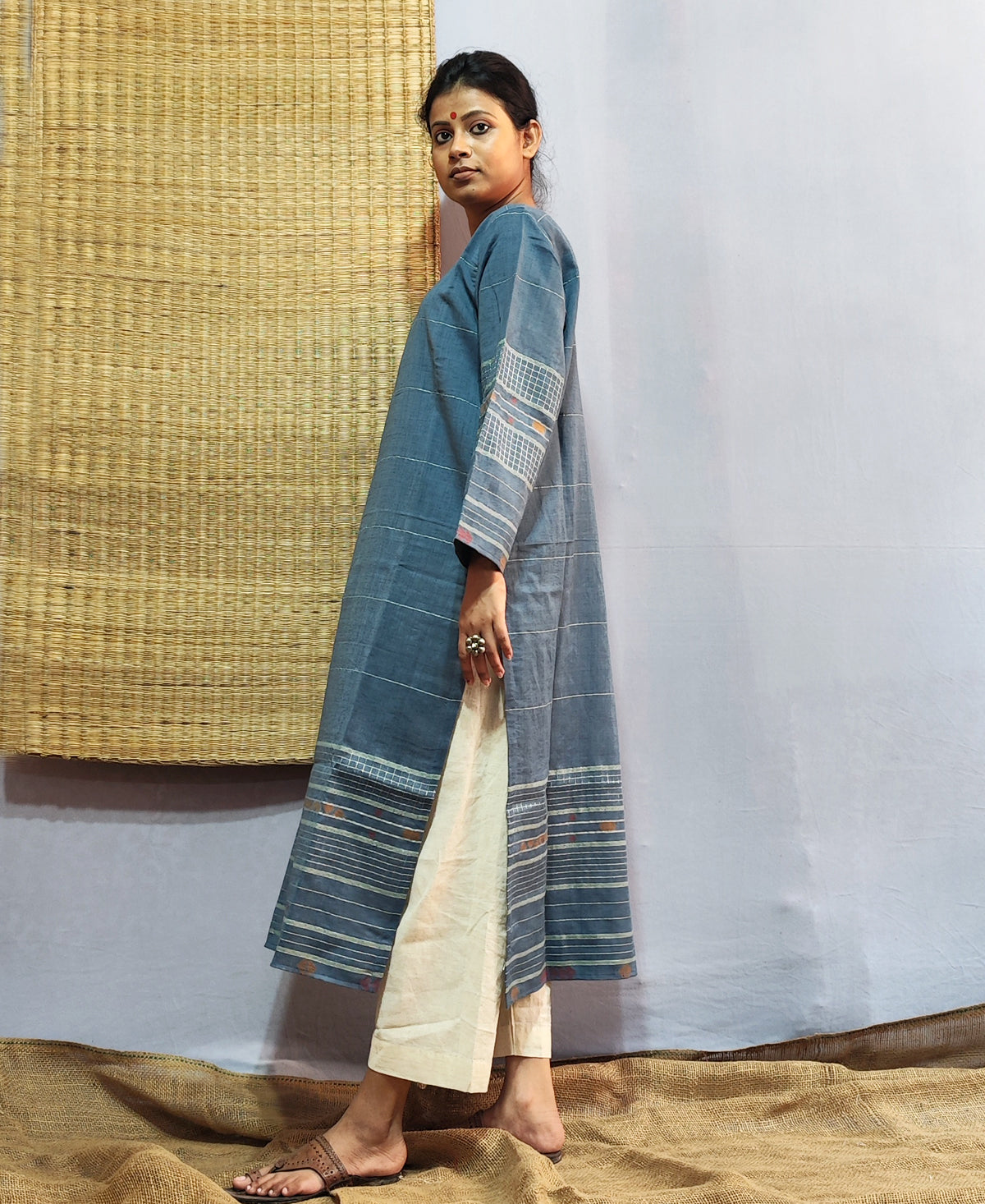 Classic Jamdani Long Kurta In Indigo
