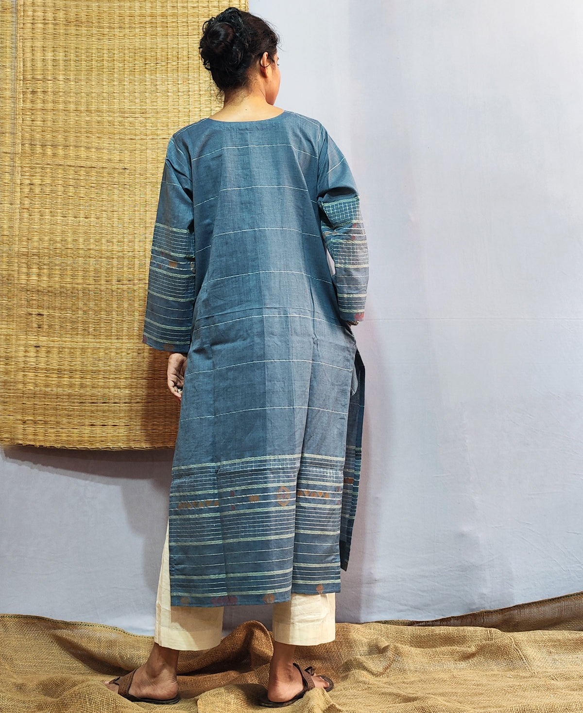 Classic Jamdani Long Kurta In Indigo