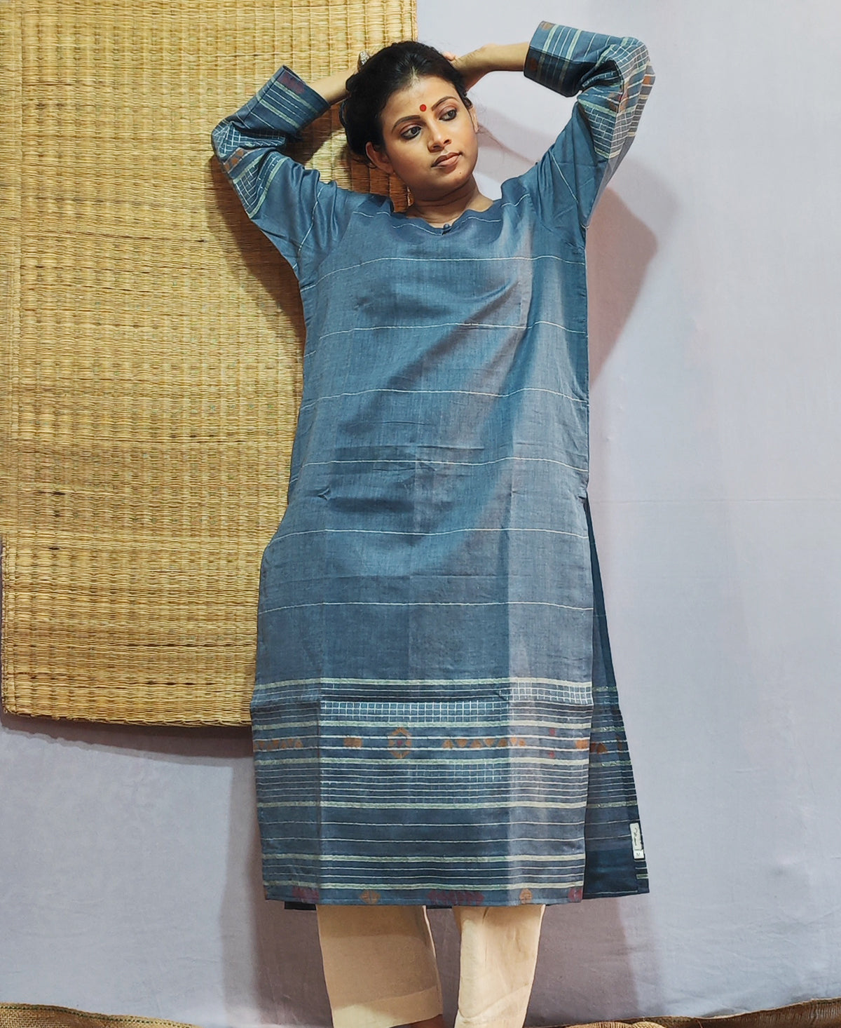 Classic Jamdani Long Kurta In Indigo