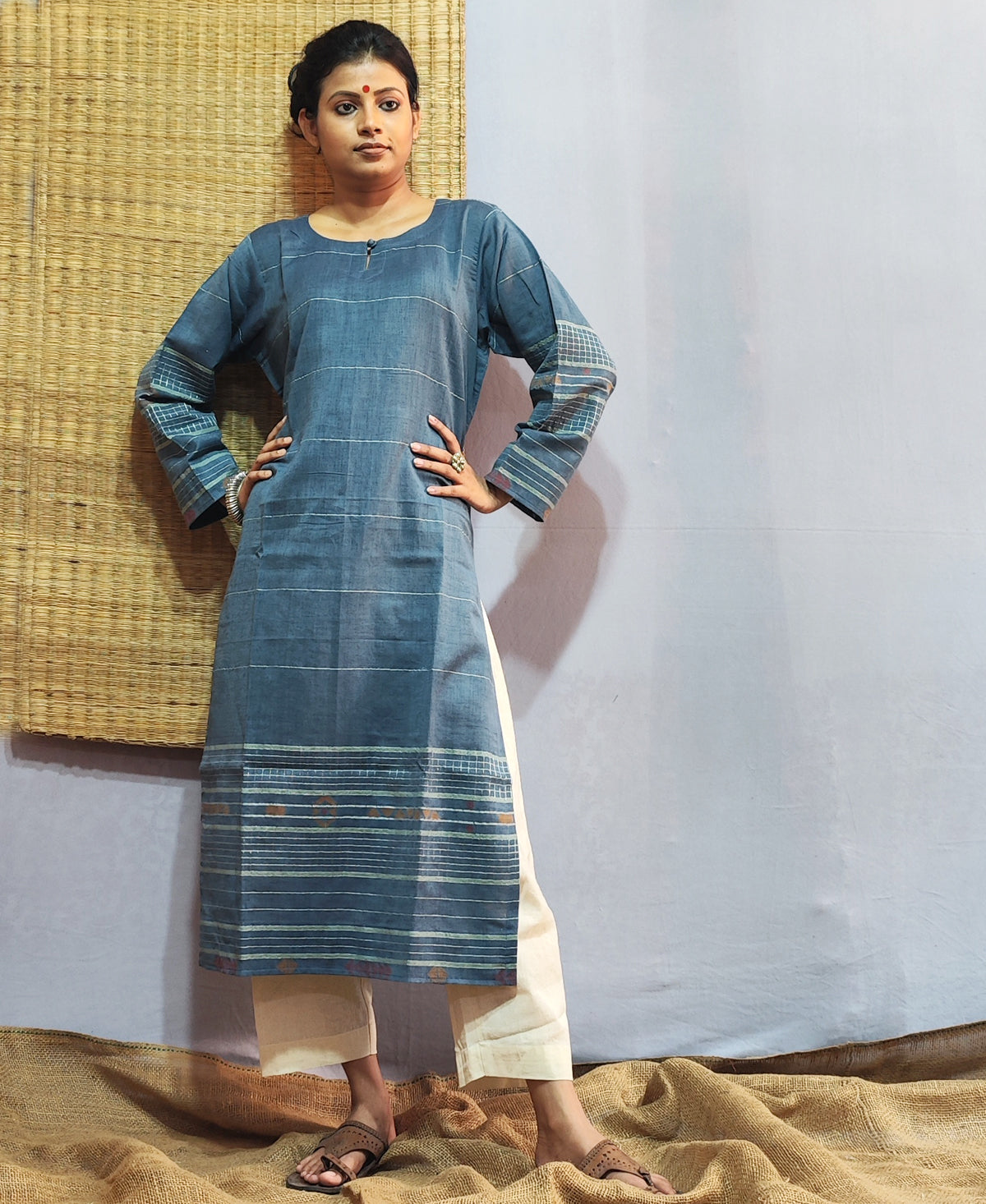Classic Jamdani Long Kurta In Indigo