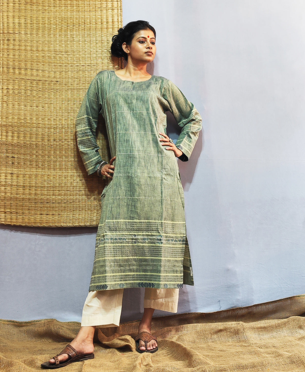 Classic Jamdani Long Kurta In Sage Green