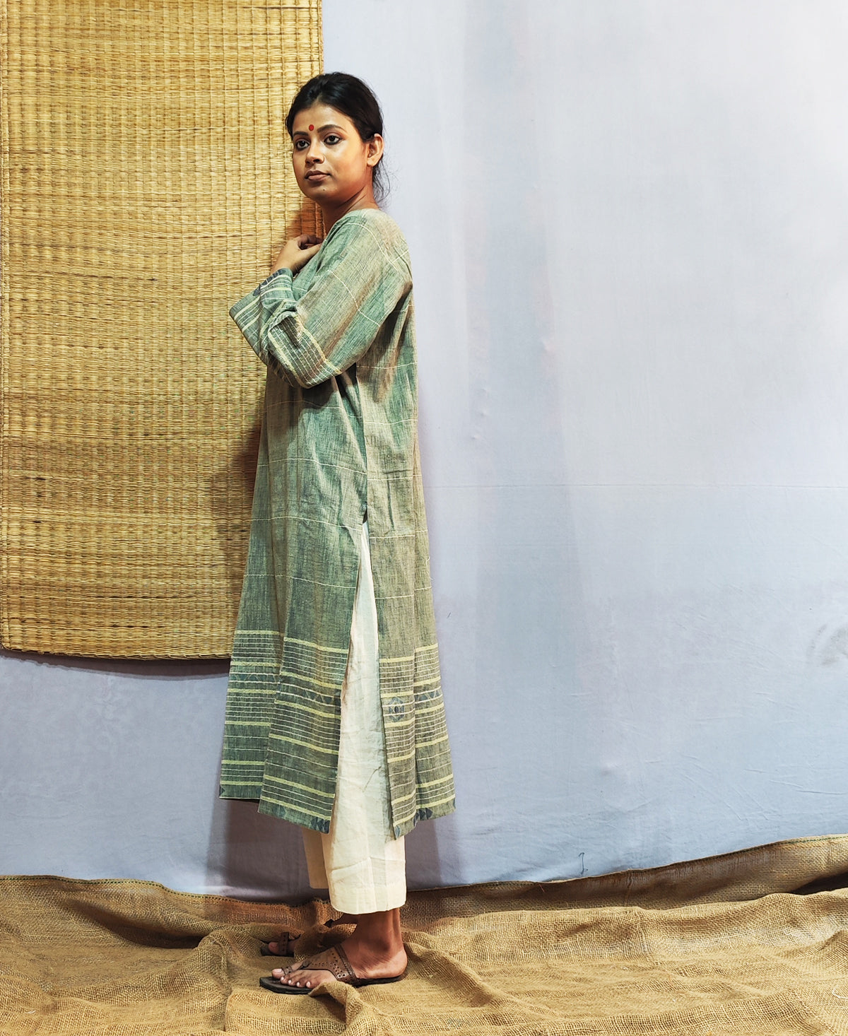 Classic Jamdani Long Kurta In Sage Green