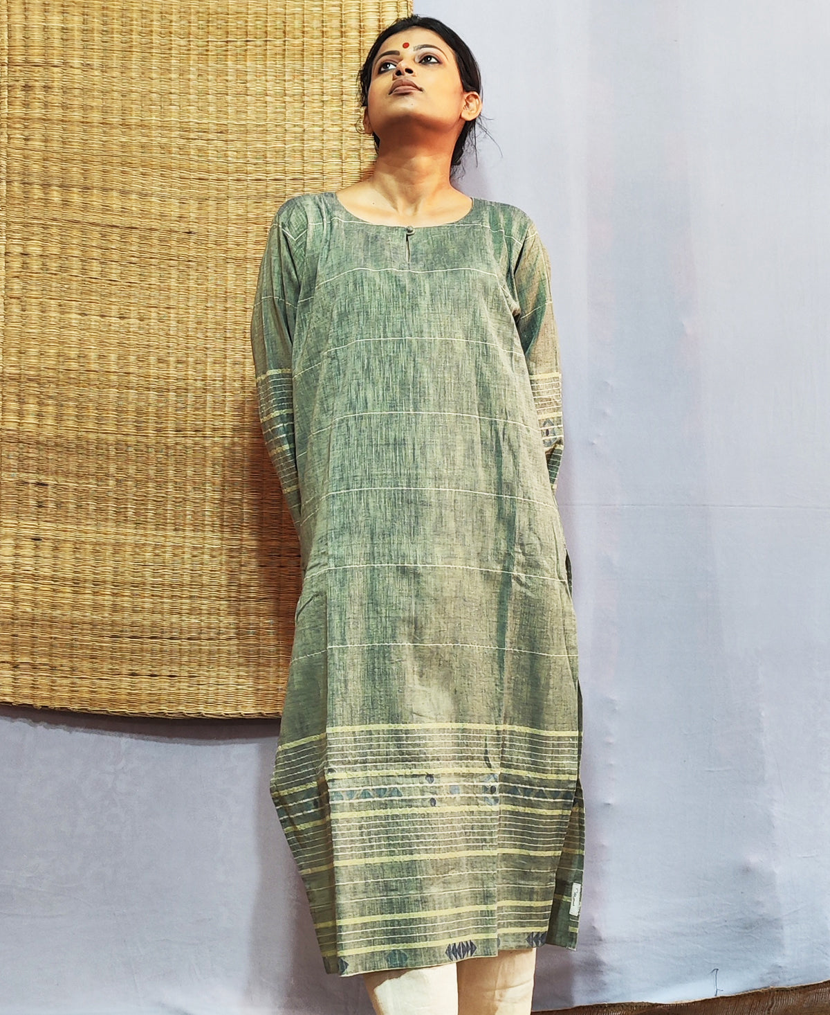 Classic Jamdani Long Kurta In Sage Green