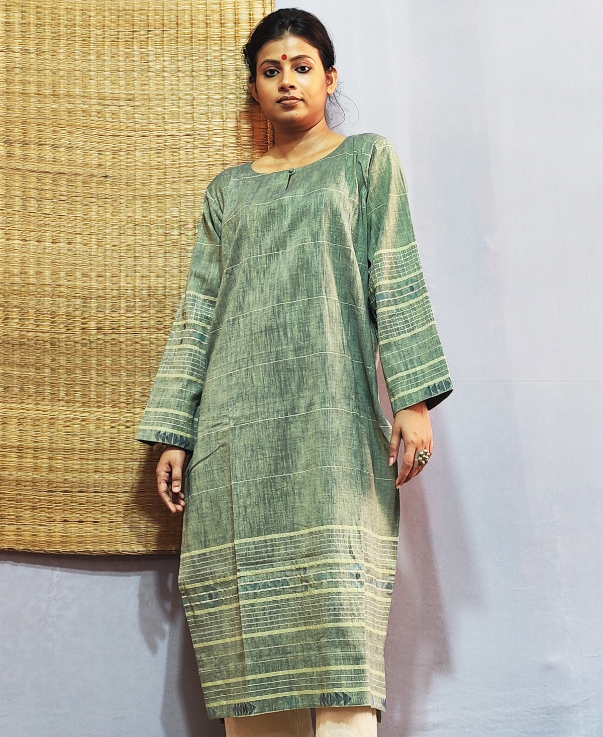 Classic Jamdani Long Kurta In Sage Green