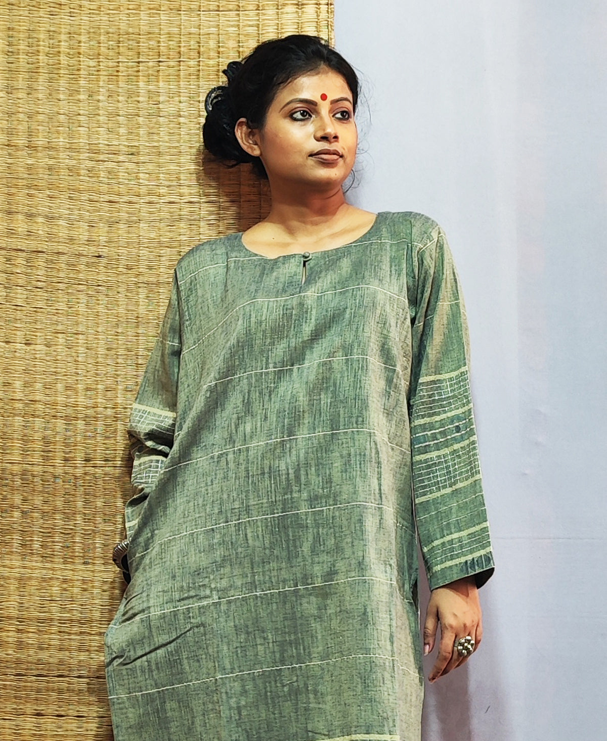 Classic Jamdani Long Kurta In Sage Green