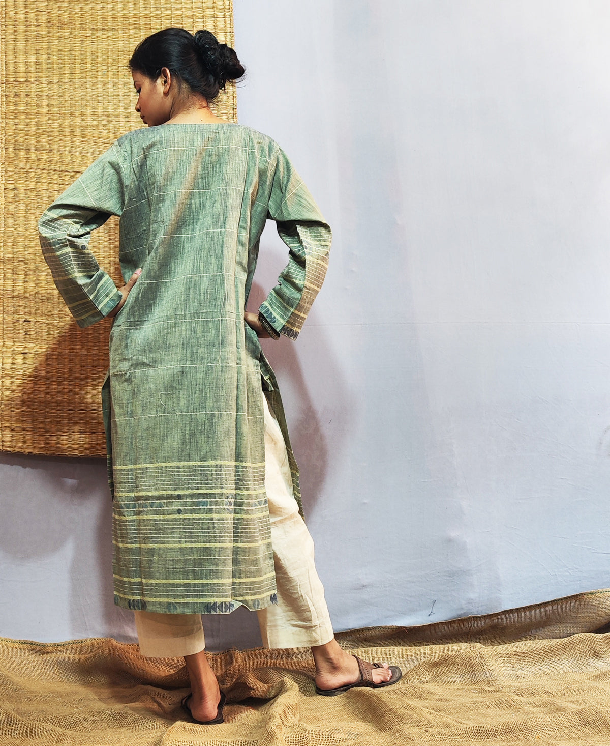 Classic Jamdani Long Kurta In Sage Green