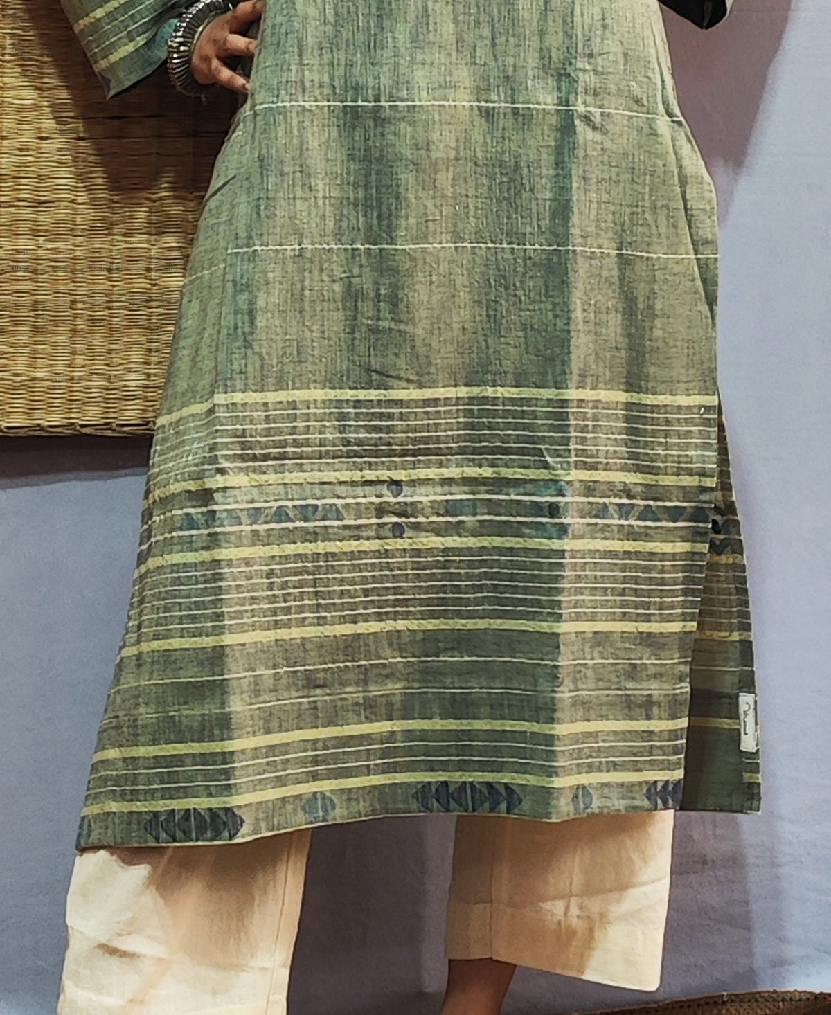 Classic Jamdani Long Kurta In Sage Green