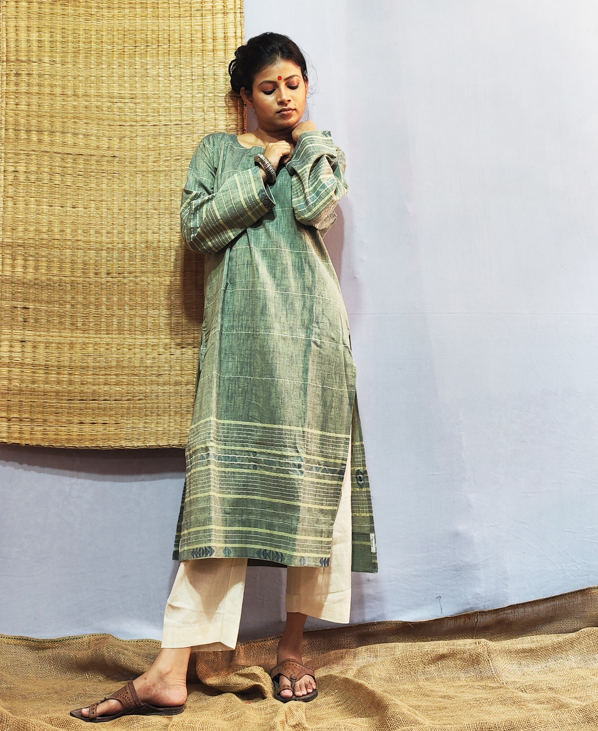 Classic Jamdani Long Kurta In Sage Green