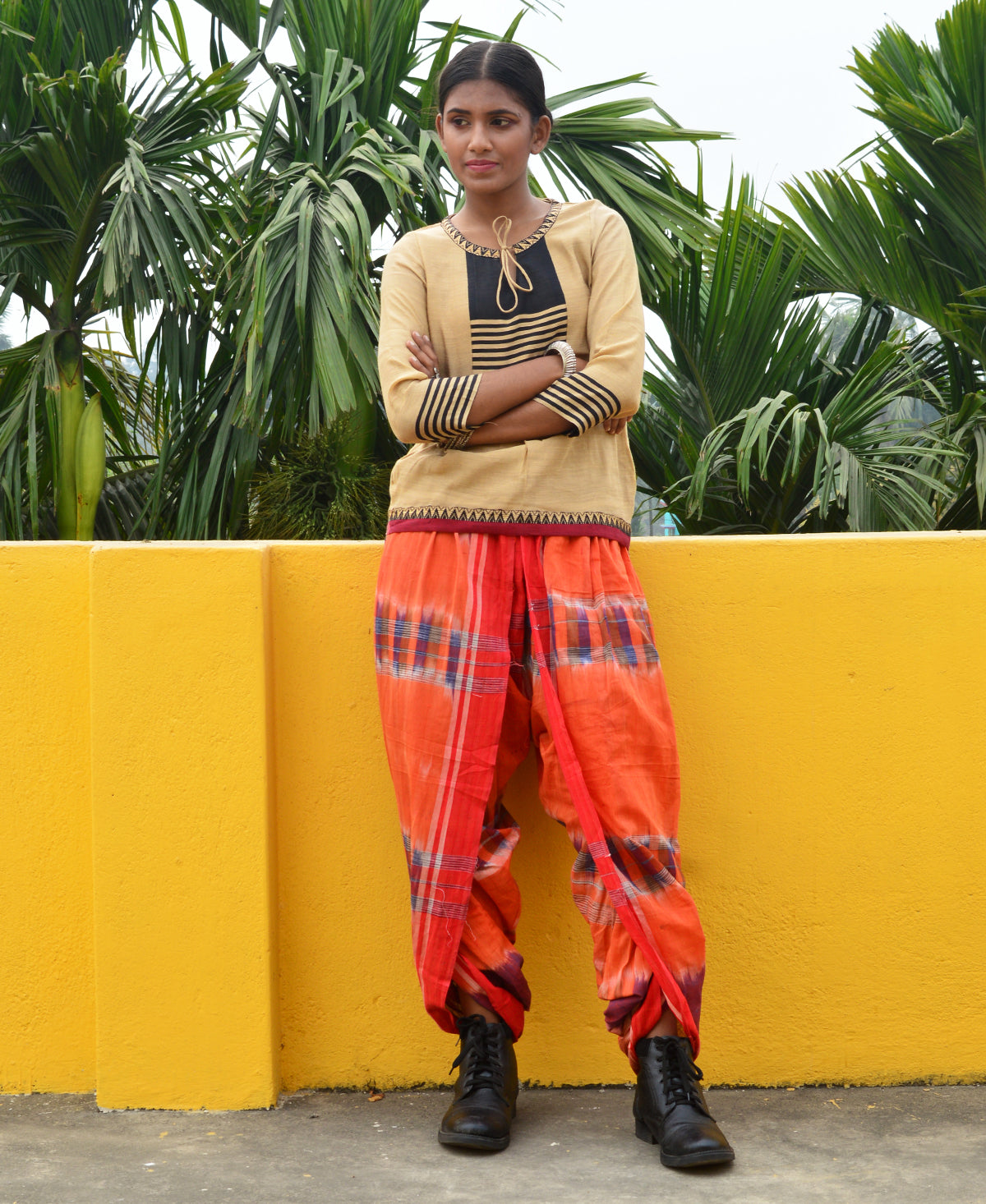 Orange & Brown Blue Space Dyed Cotton Dhoti Pant