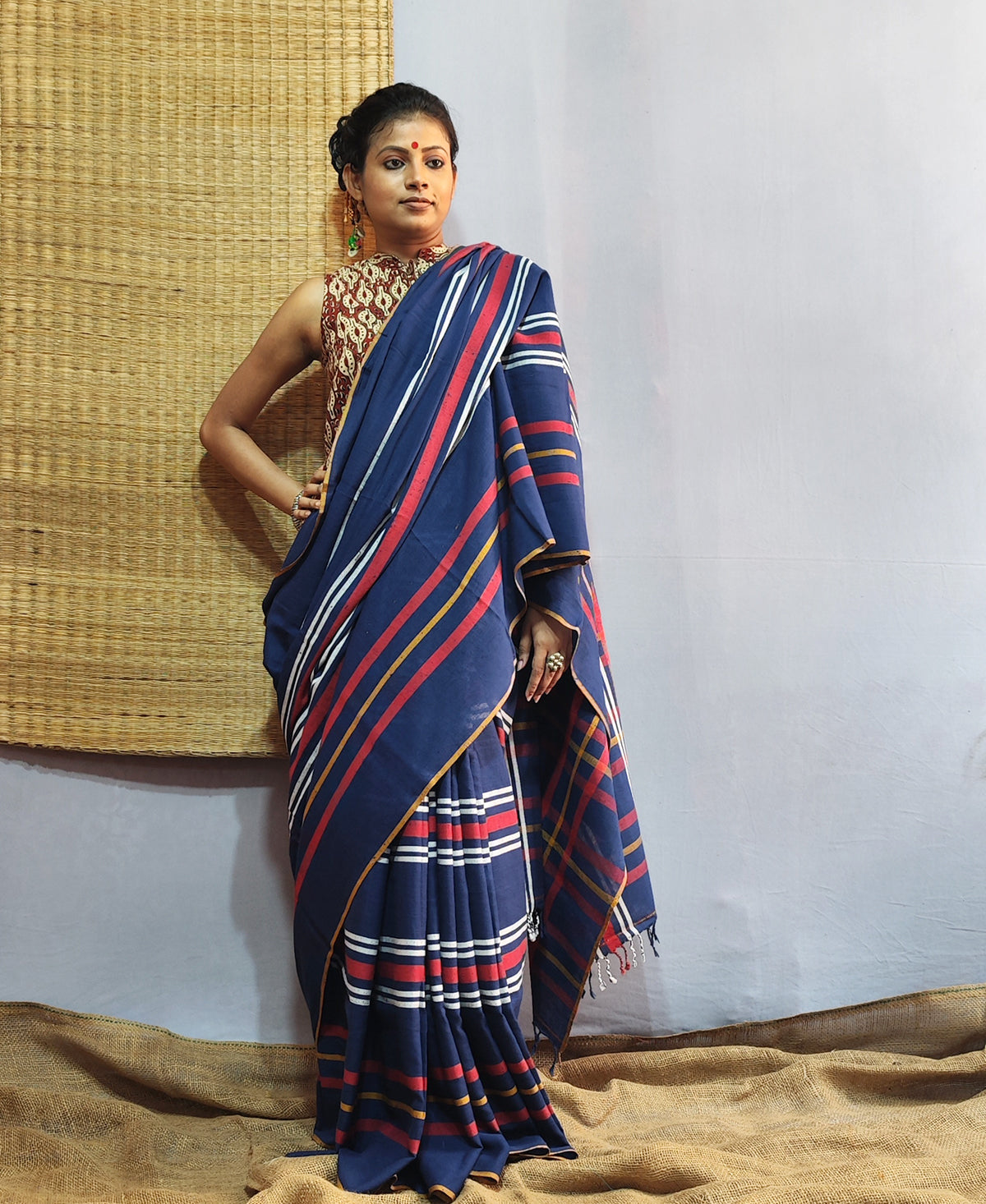 Purba Pallav Deep Indigo Tribal Stripe Saree