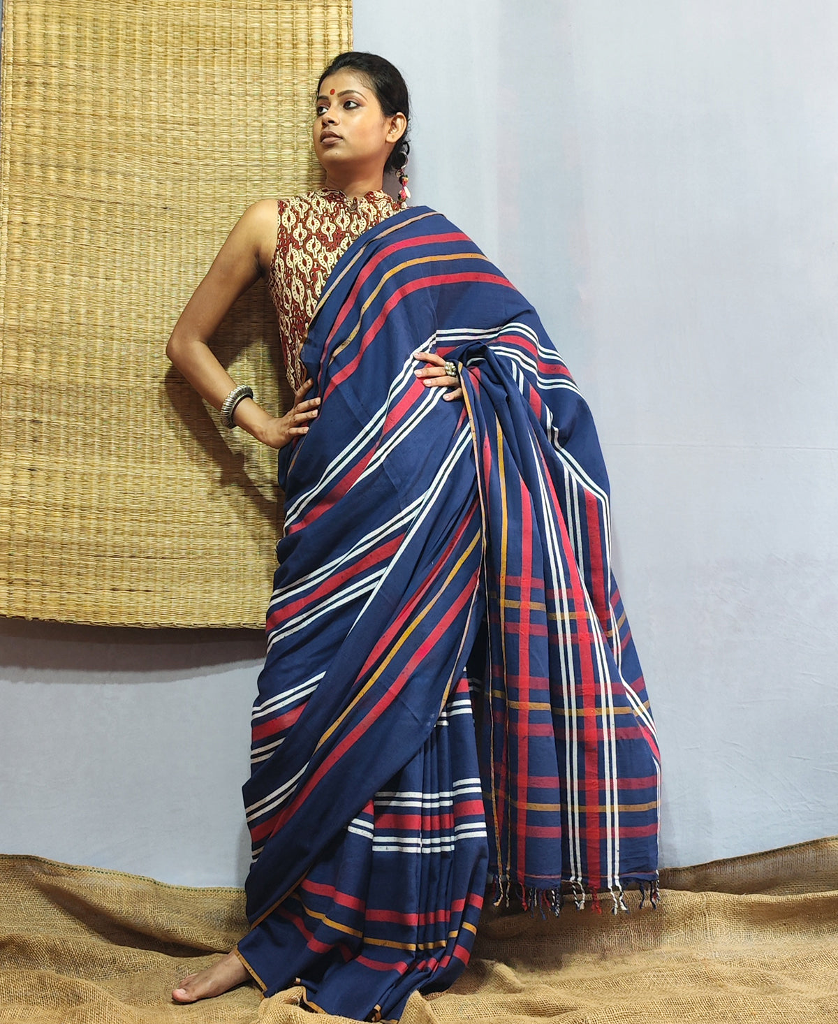 Purba Pallav Deep Indigo Tribal Stripe Saree