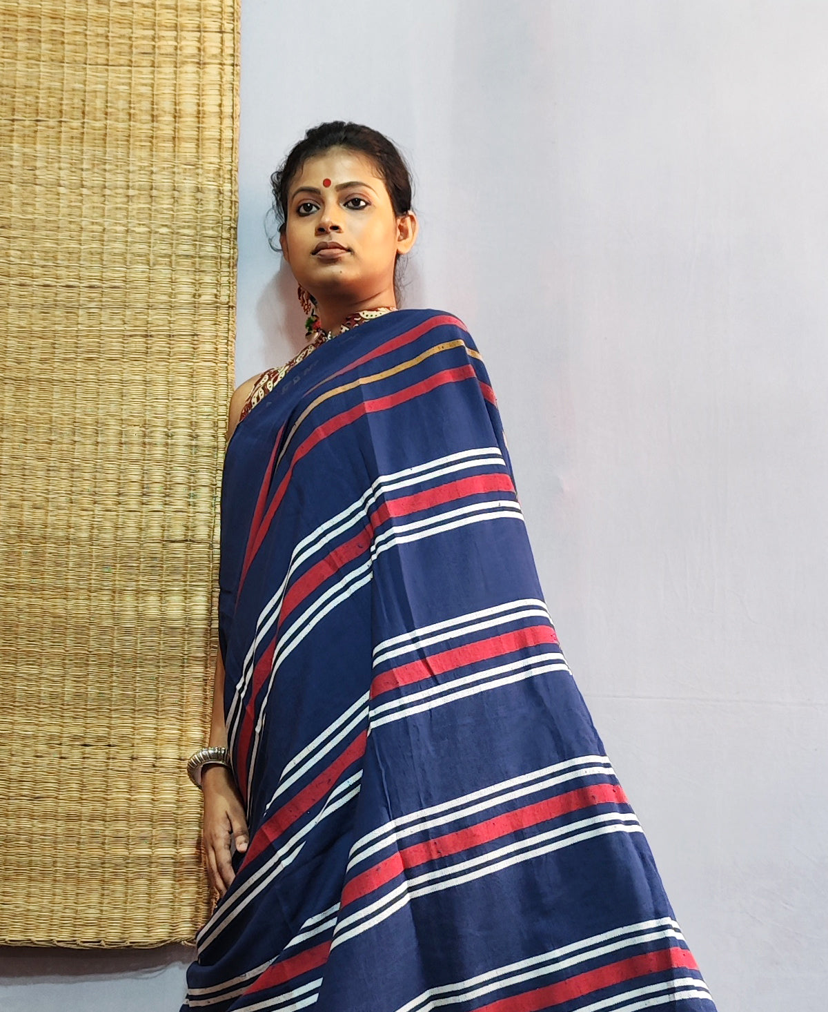 Purba Pallav Deep Indigo Tribal Stripe Saree