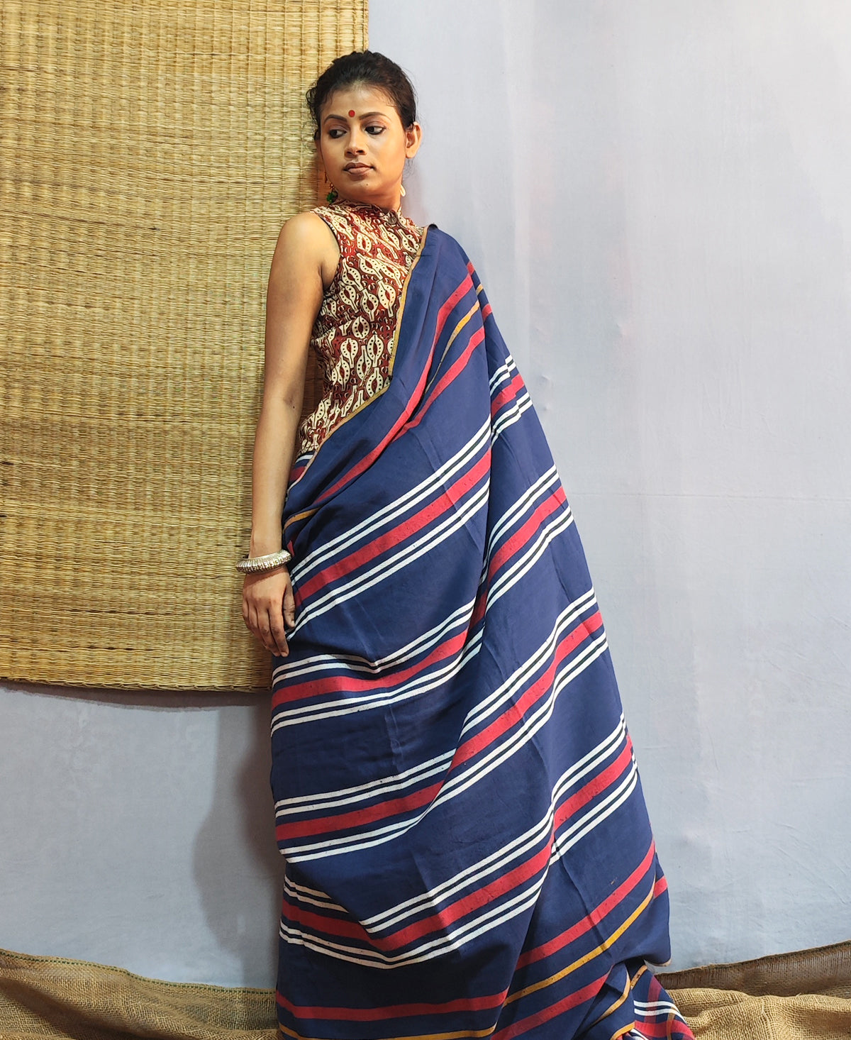 Purba Pallav Deep Indigo Tribal Stripe Saree