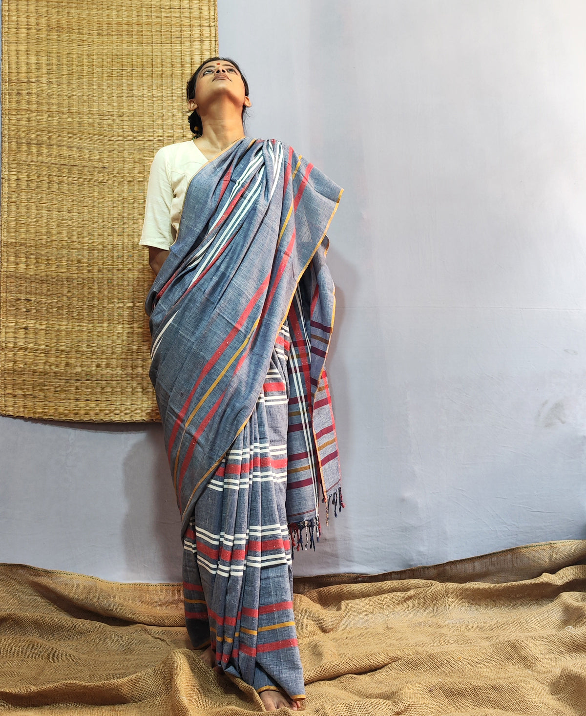 Purba Pallav Light Indigo Tribal Stripe Saree