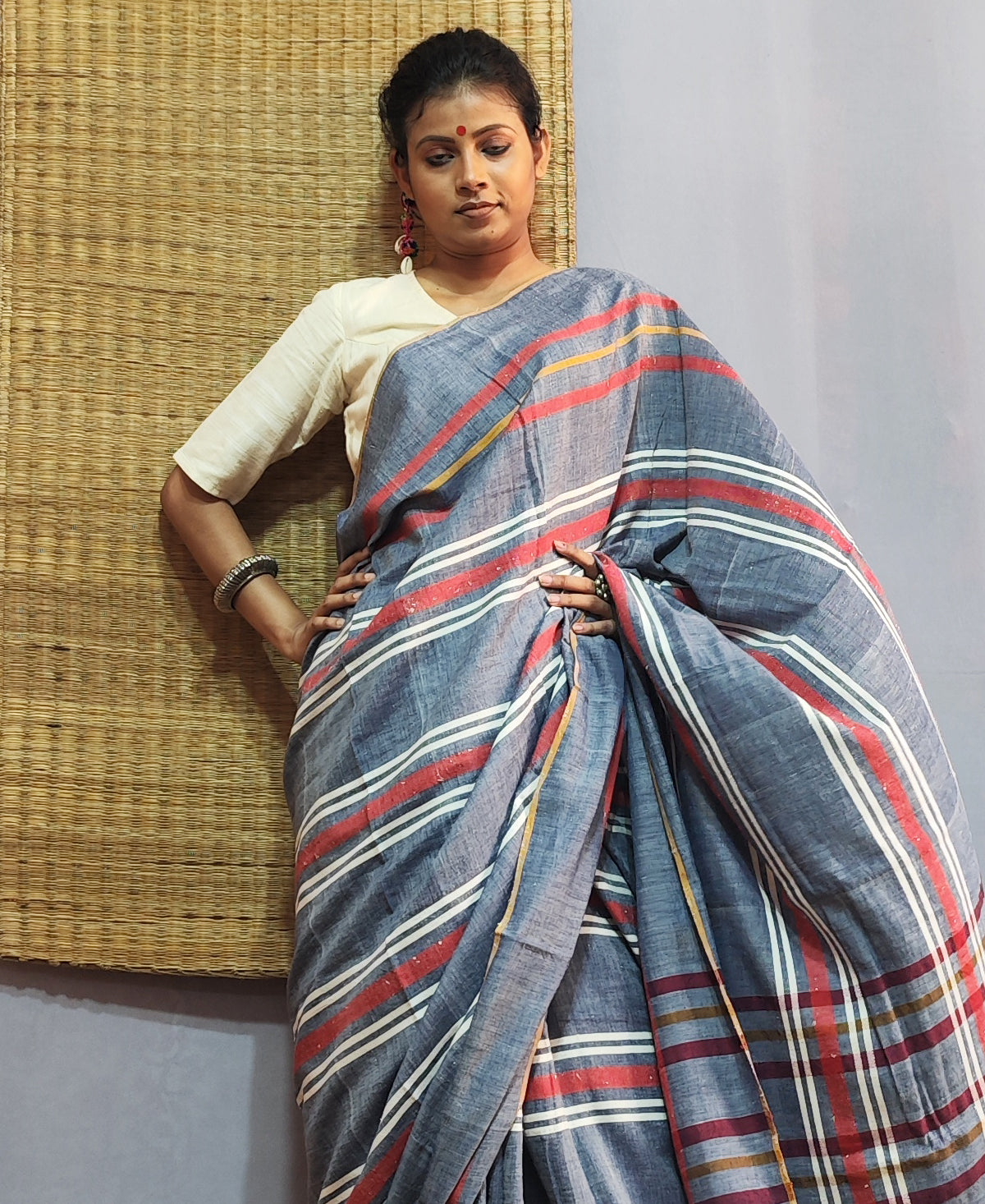Purba Pallav Light Indigo Tribal Stripe Saree