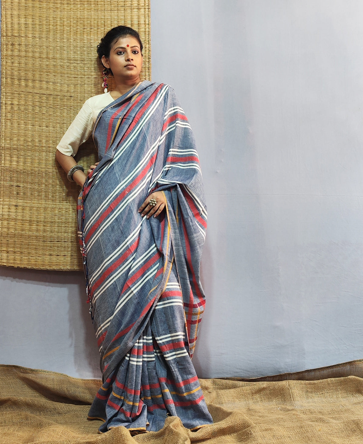 Purba Pallav Light Indigo Tribal Stripe Saree