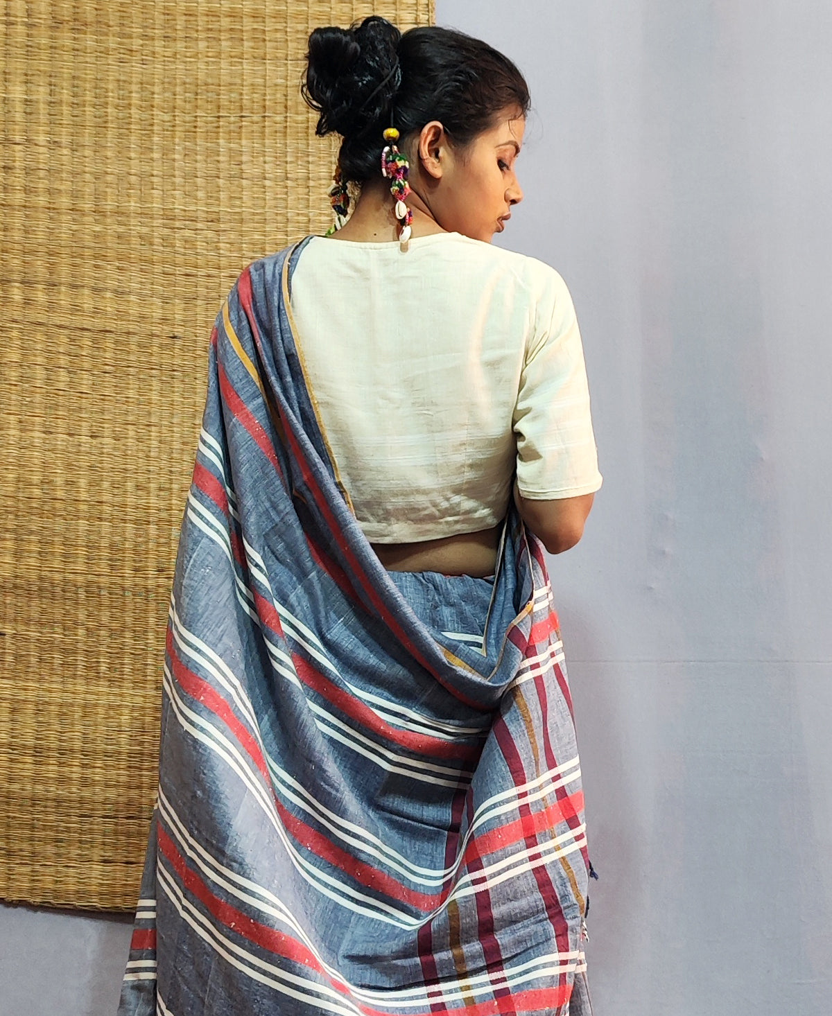 Purba Pallav Light Indigo Tribal Stripe Saree