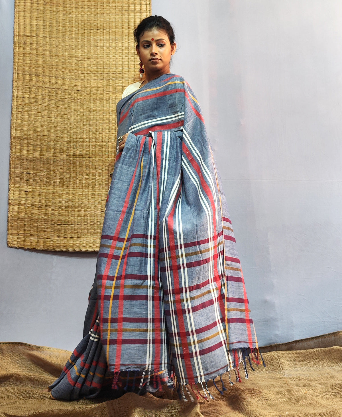 Purba Pallav Light Indigo Tribal Stripe Saree