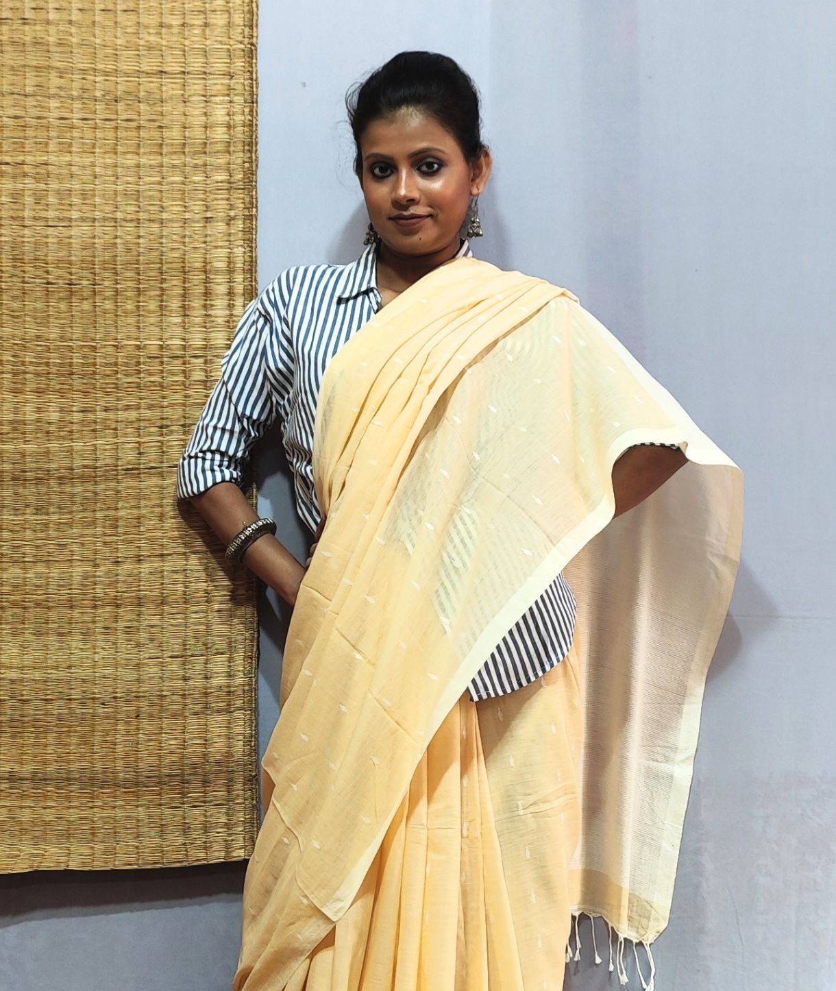 Butter Yellow Handloom Cotton Jamdani Saree