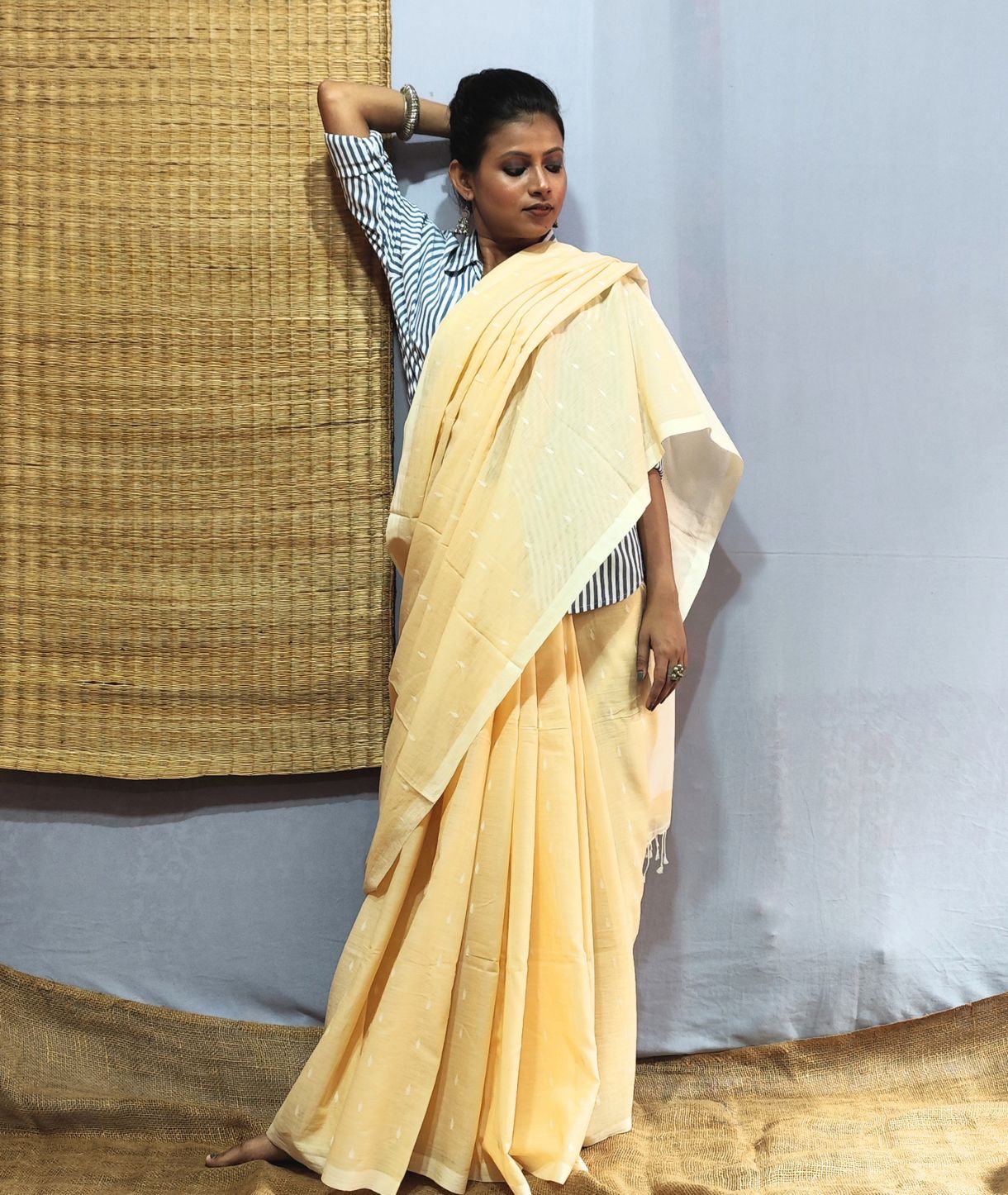 Butter Yellow Handloom Cotton Jamdani Saree