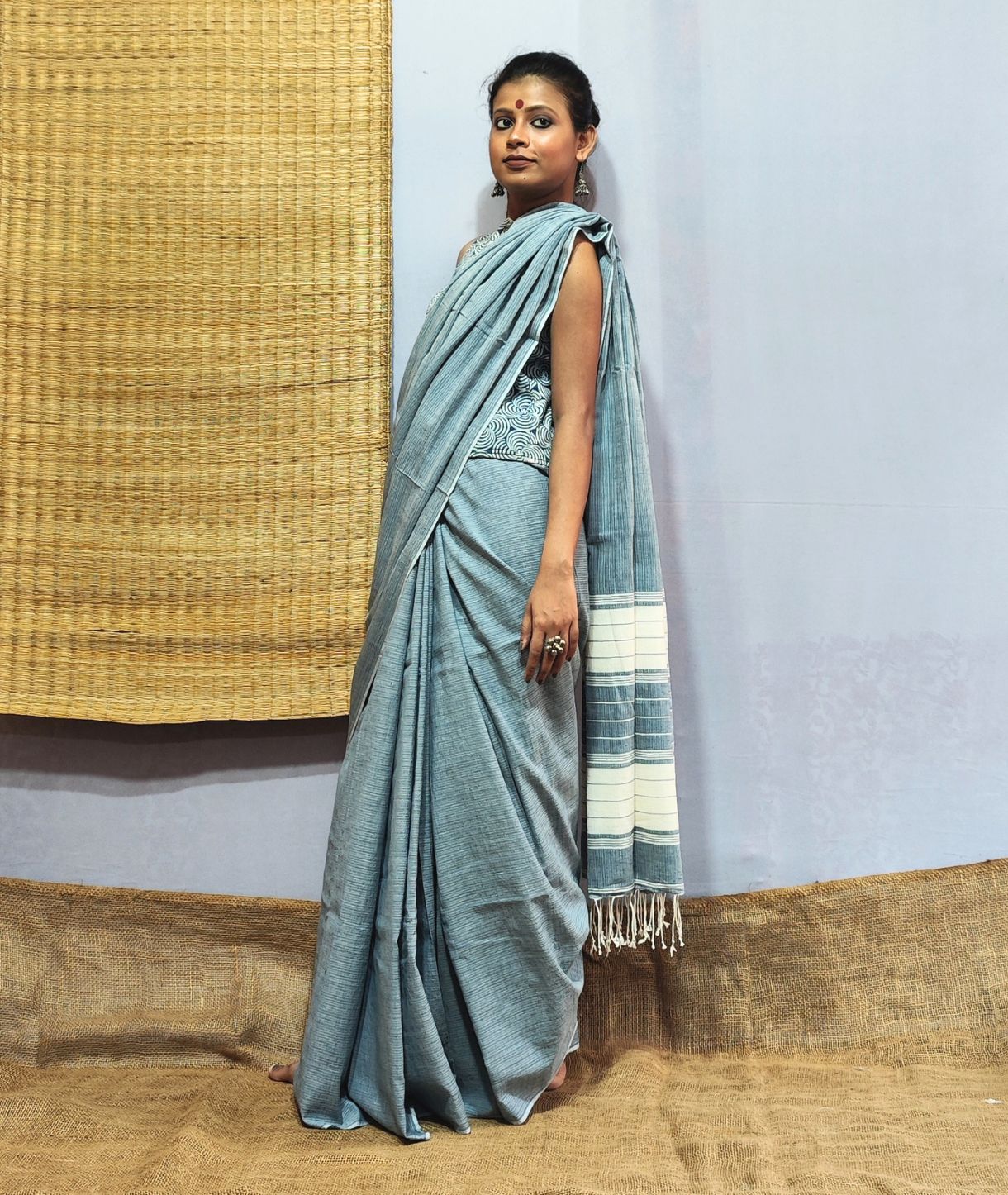 Powder Blue Handloom Cotton Saree