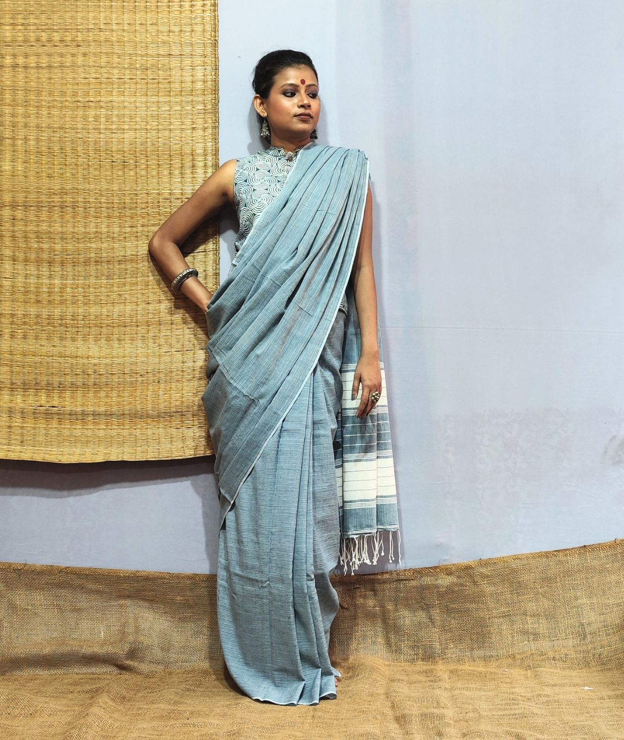 Powder Blue Handloom Cotton Saree
