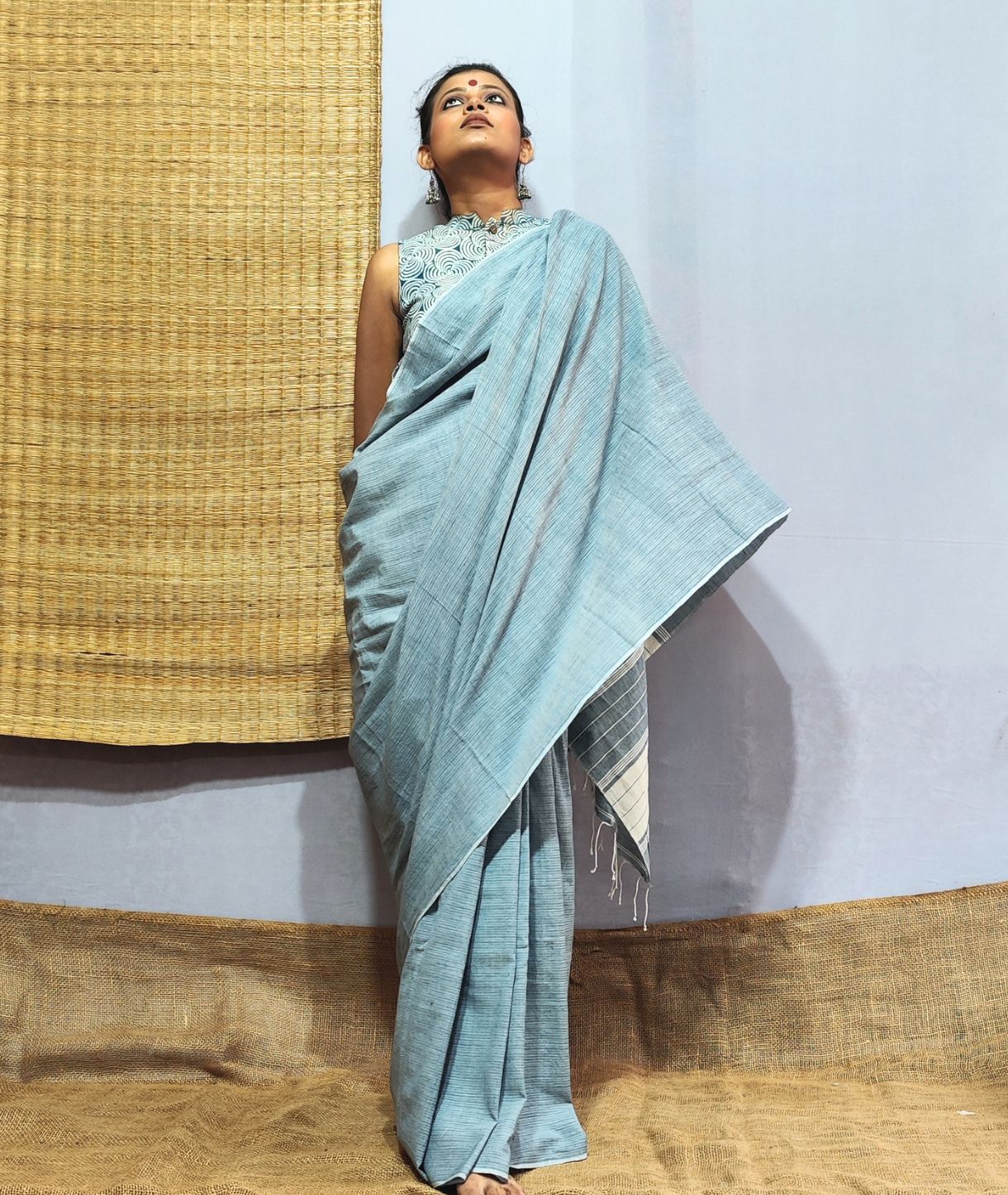 Powder Blue Handloom Cotton Saree