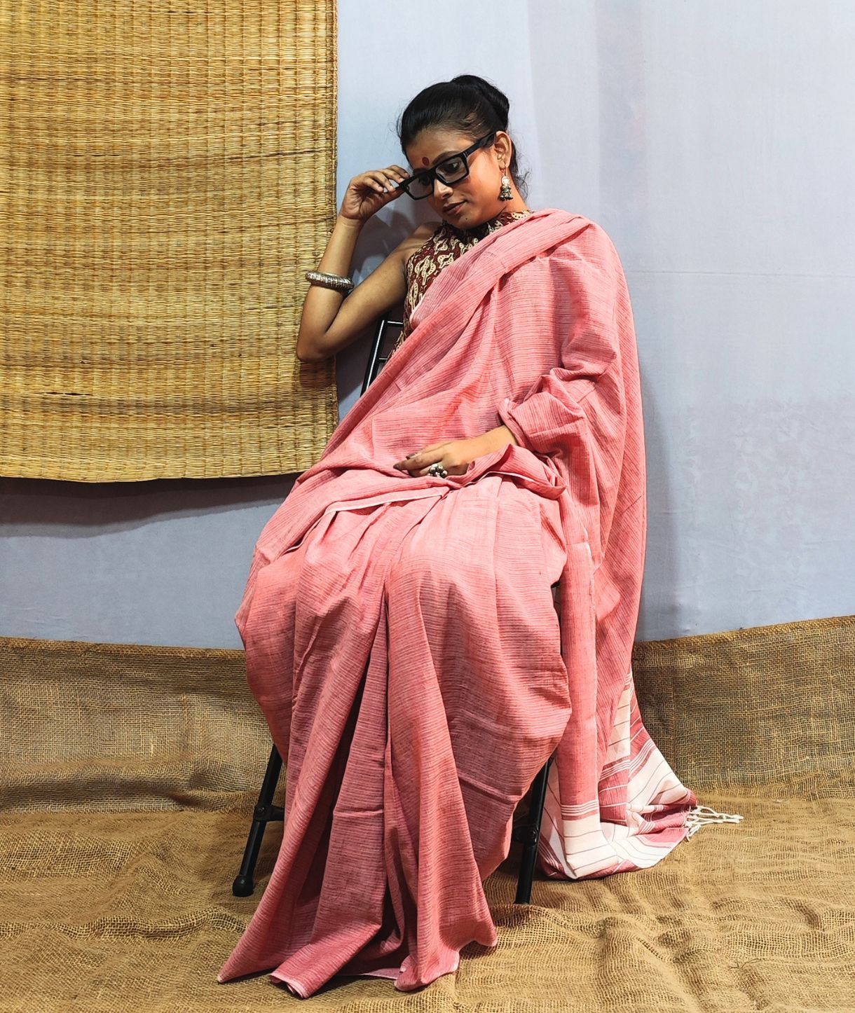 Coral Red Handloom Cotton Saree