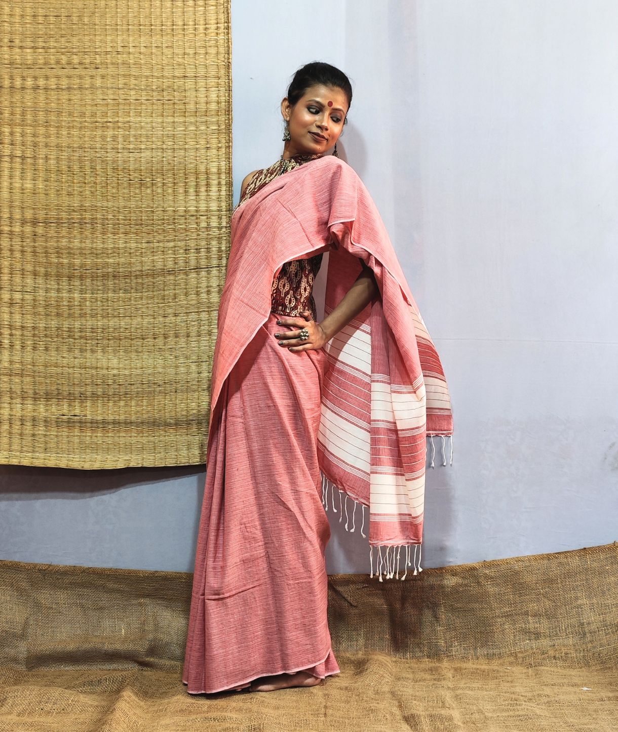 Coral Red Handloom Cotton Saree