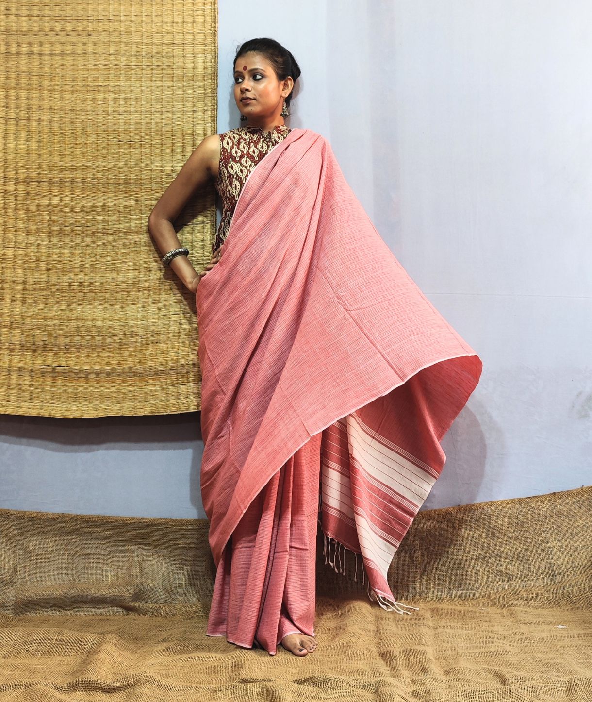 Coral Red Handloom Cotton Saree