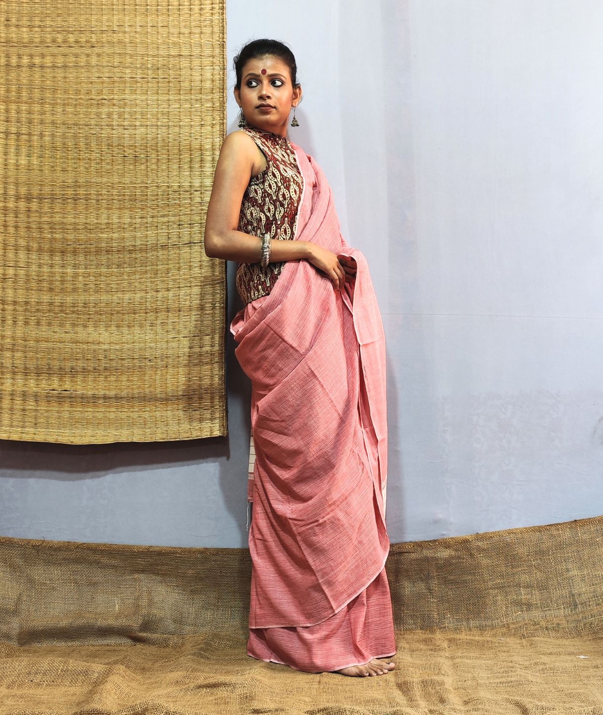 Coral Red Handloom Cotton Saree