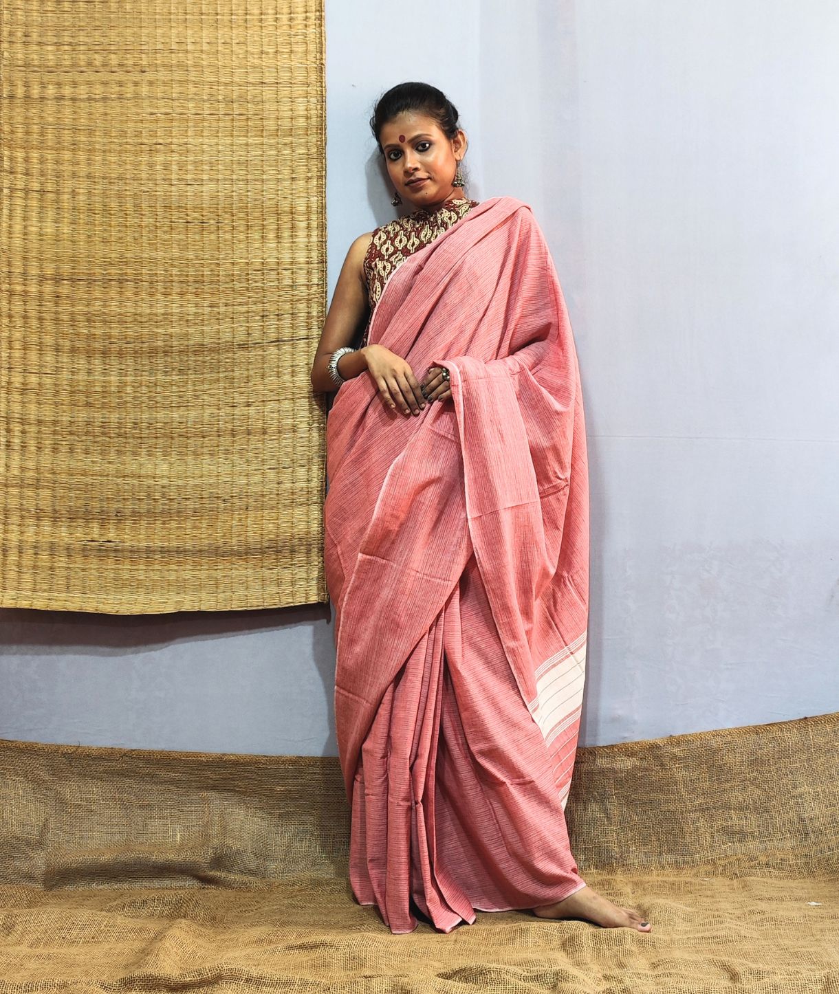 Coral Red Handloom Cotton Saree