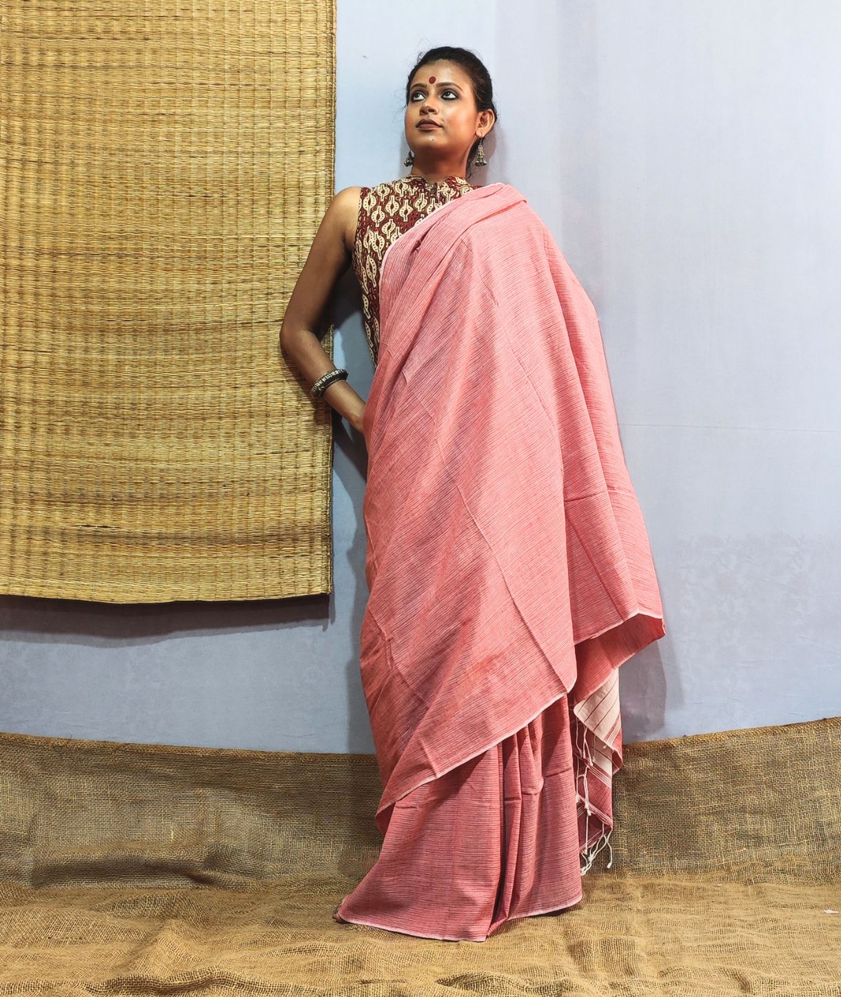 Coral Red Handloom Cotton Saree